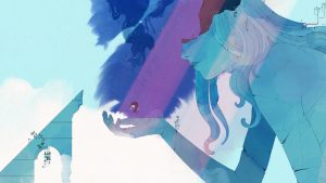 A screenshot from Gris showing a shattered statue of a woman holding the small, female avatar in her hand. It is rendered in soft blues and lilacs that evoke watercolours.
