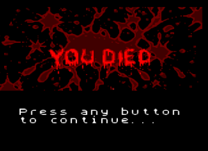 A game over screen with the words 'You Died' in blood red letters. Underneath, text reads 'Press any button to continue'.