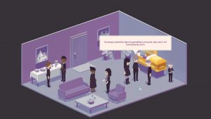 A purple room with grievers at a funeral.